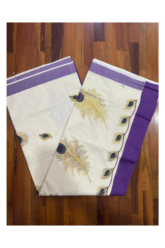 Pure Cotton Kerala Saree with Feather Embroidery Work and Violet Border (Onam Saree 2023)