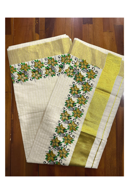 Kerala Pure Cotton Brown Floral Printed and Kasavu Lines Saree (Onam Saree 2023)