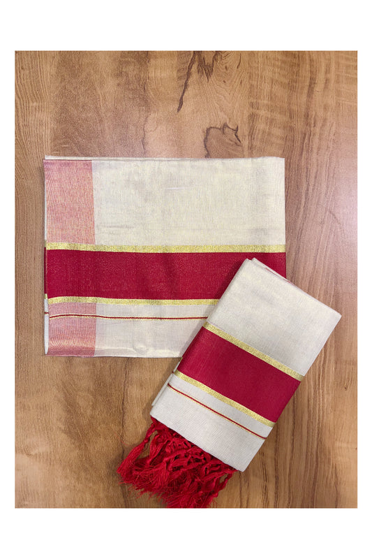 Kerala Tissue Kasavu Set Mundu (Mundum Neriyathum) with Red Border Tassels on Pallu