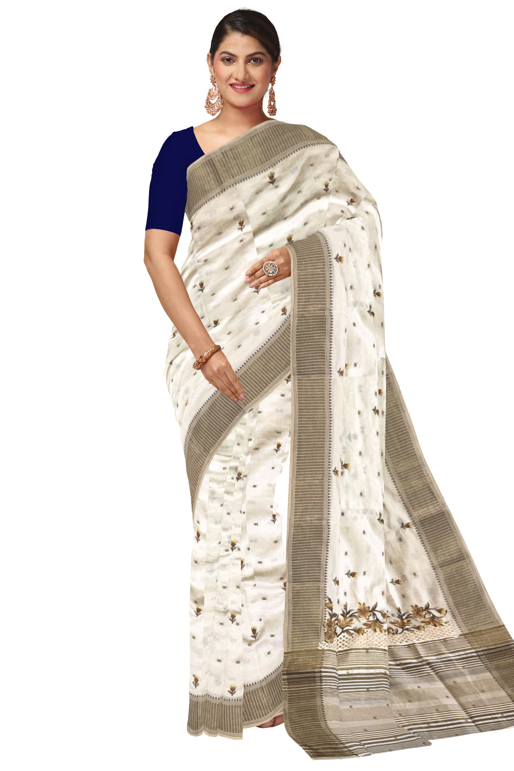 Southloom Off White Thread Work Cotton Saree with Hacoba Floral Designs on Munthani