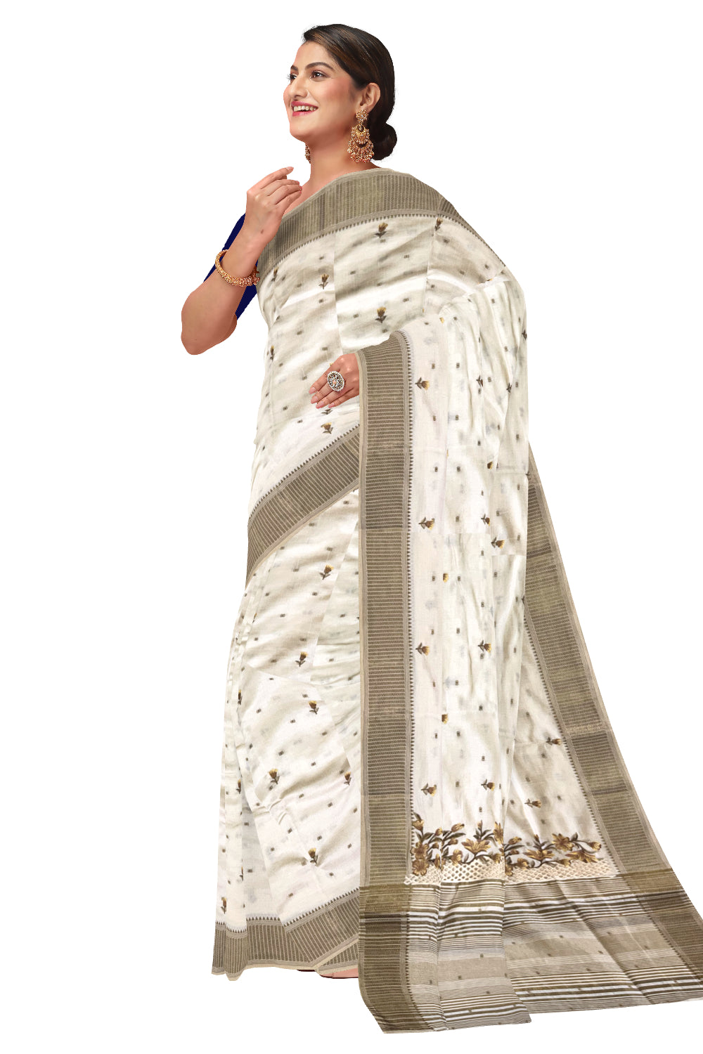 Southloom Off White Thread Work Cotton Saree with Hacoba Floral Designs on Munthani