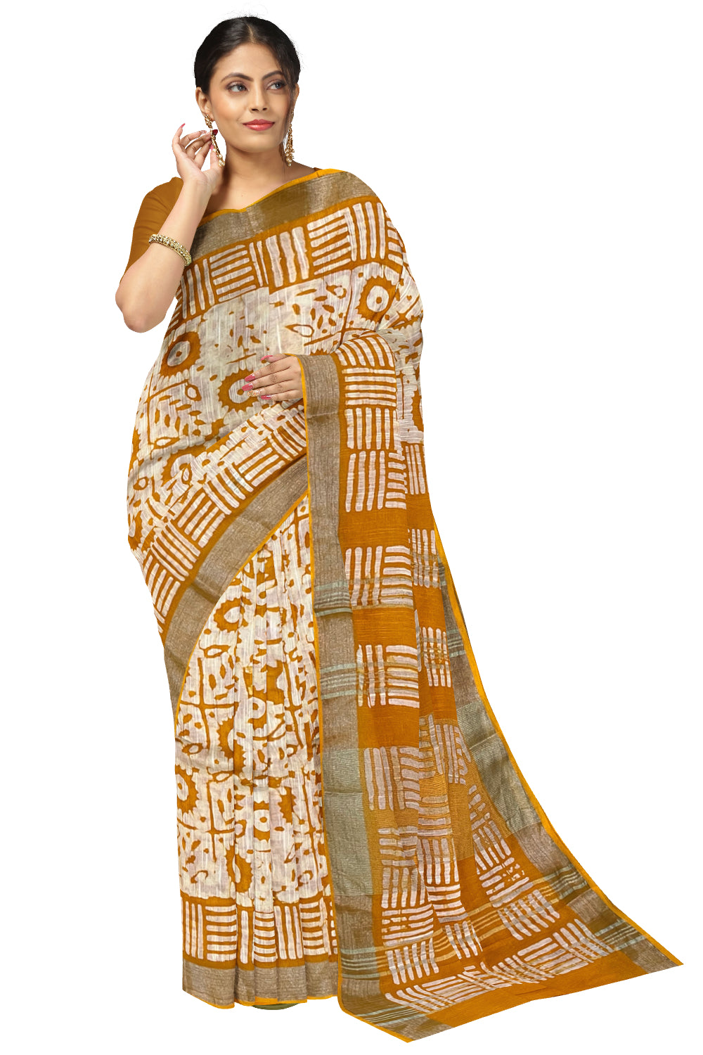 Southloom Linen Yellow and White Designer Printed Saree