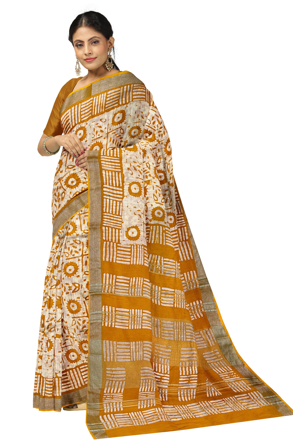 Southloom Linen Yellow and White Designer Printed Saree