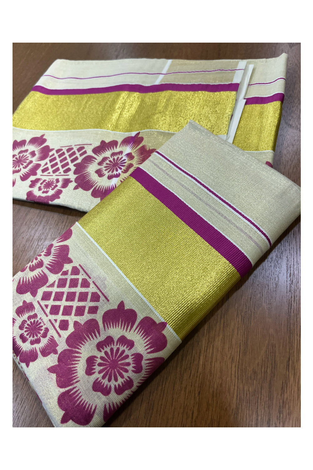 Kerala Tissue Kasavu Set Mundu (Mundum Neriyathum) with Magenta Floral Block Prints on Border 2.80 Mtrs