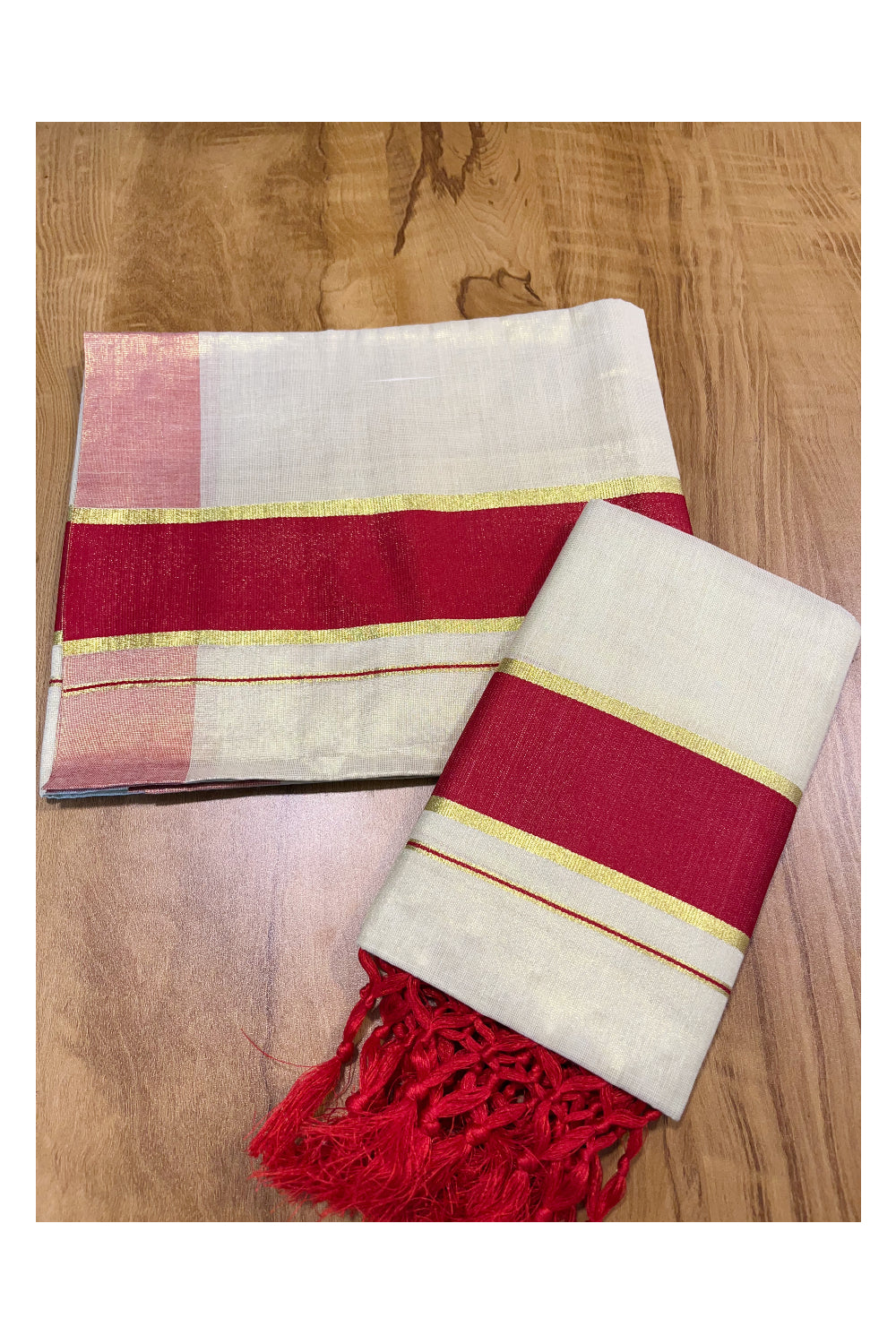 Kerala Tissue Kasavu Set Mundu (Mundum Neriyathum) with Red Border Tassels on Pallu