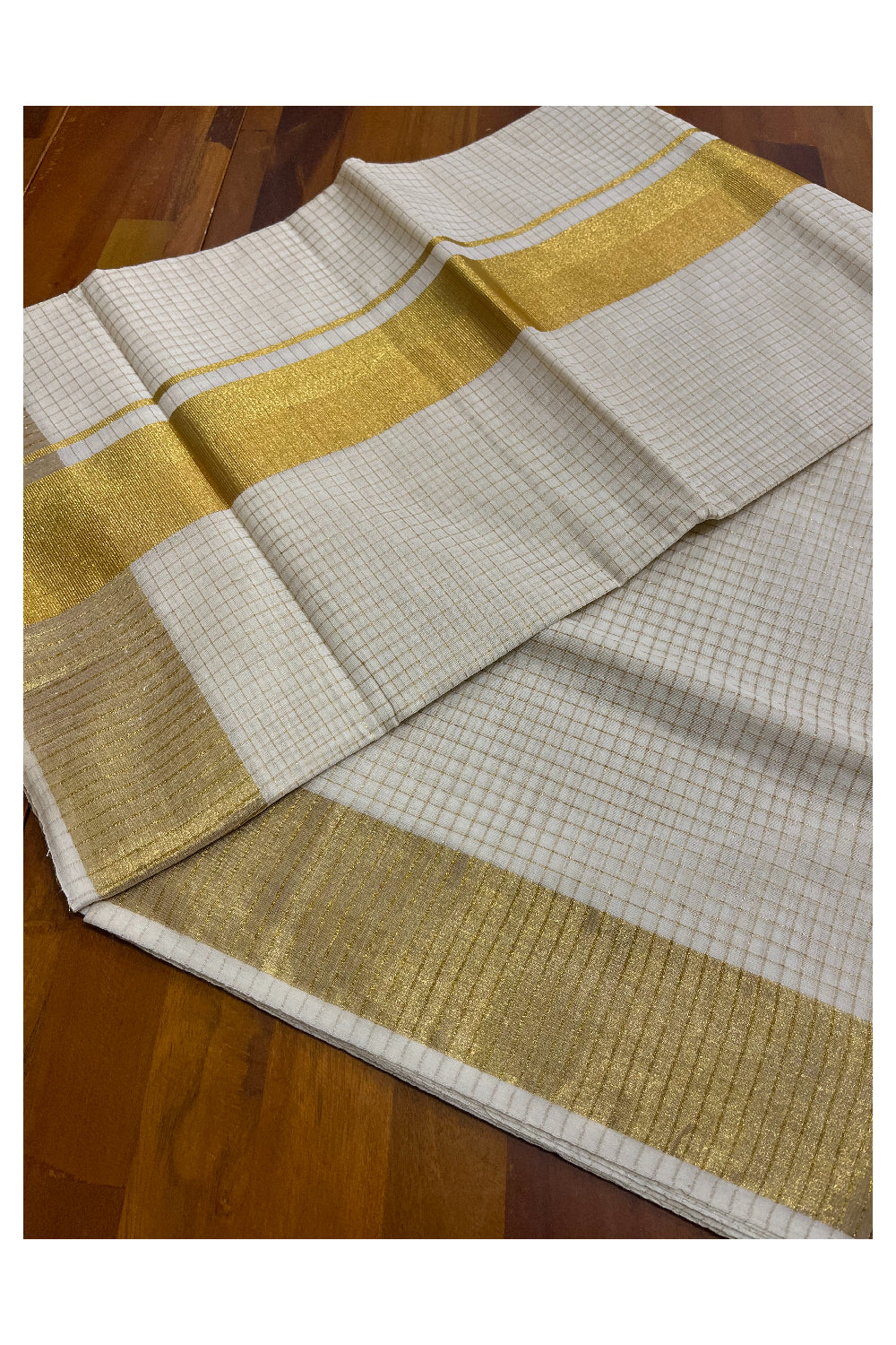 Pure Cotton Kerala Saree with Kasavu Small Check Designs Across Body with 3x3 Border