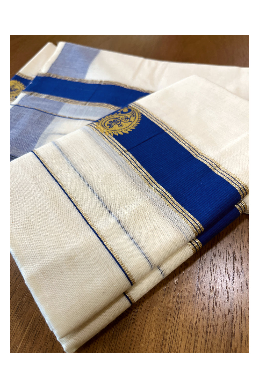 Cotton Single Set Mundu (Mundu Neriyathum) with Golden Block Prints on Blue Border