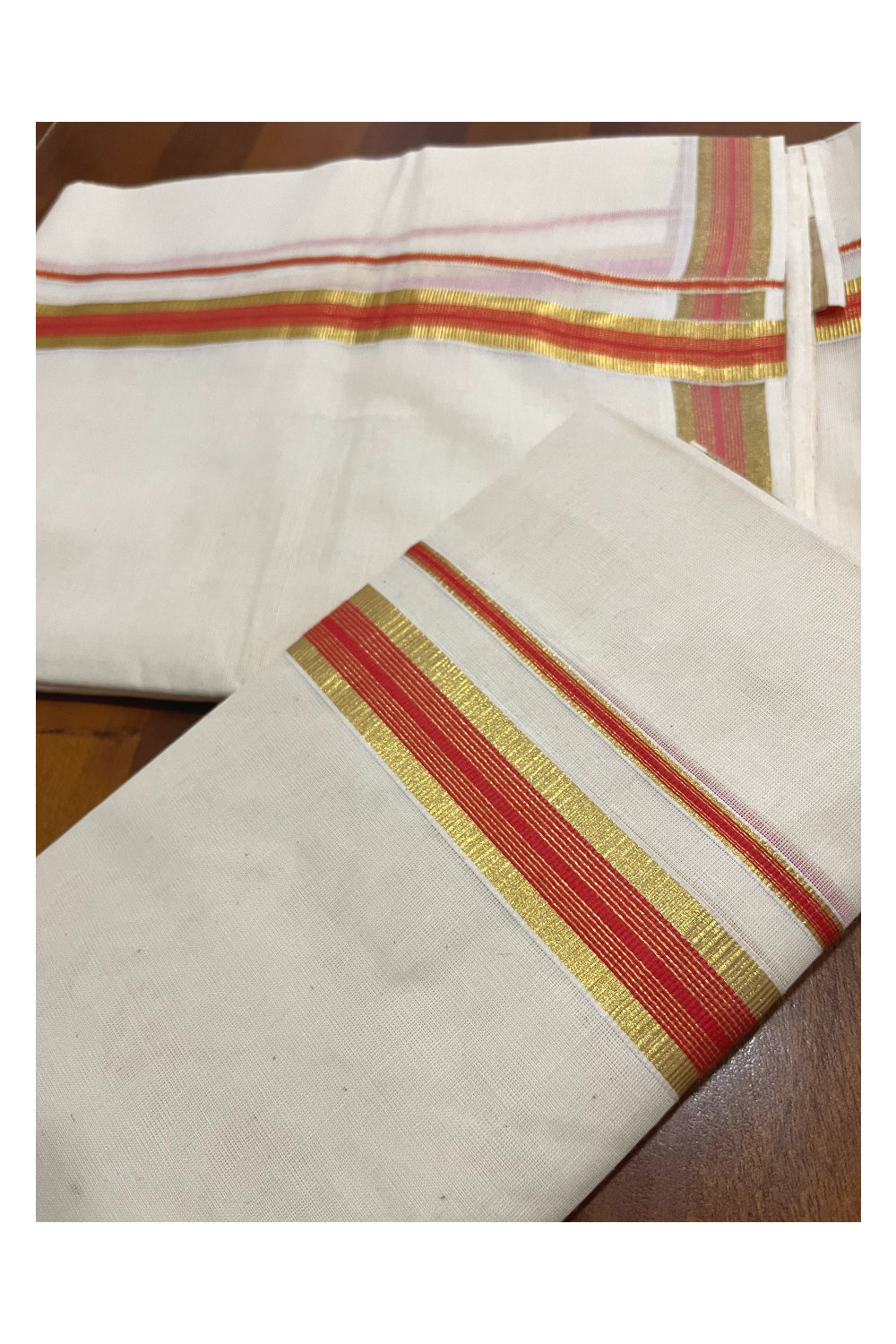 Pure Cotton Kerala Single Set Mundu (Mundum Neriyathum) with Orange and Kasavu Border 2.80 Mtrs