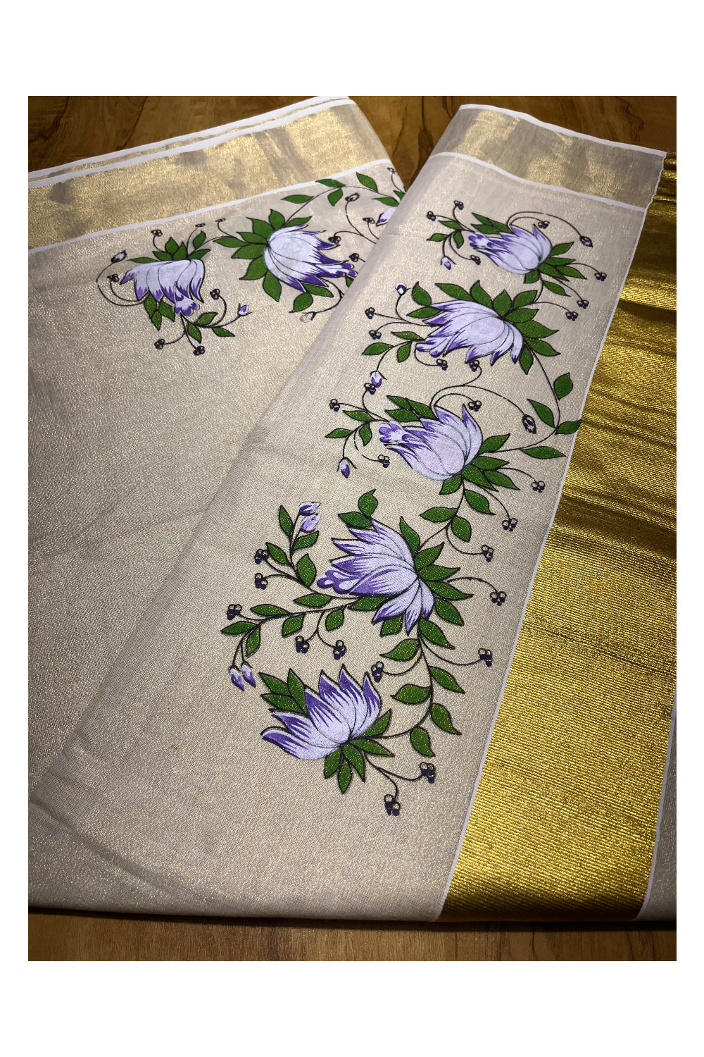 Kerala Tissue Kasavu Saree with Violet Floral Block Printed Designs (Onam 2024 Collection)