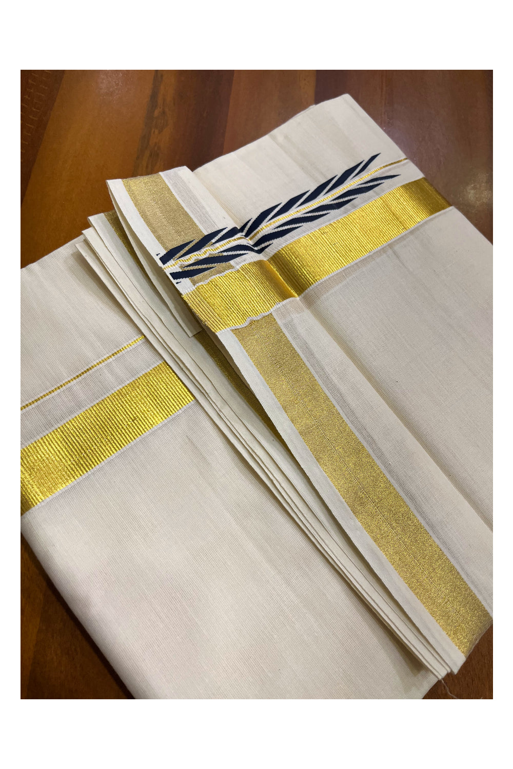 Kerala Pure Cotton Double Mundu with Blue Chutti Printed Designs on Kasavu Border (South Indian Kerala Dhoti)