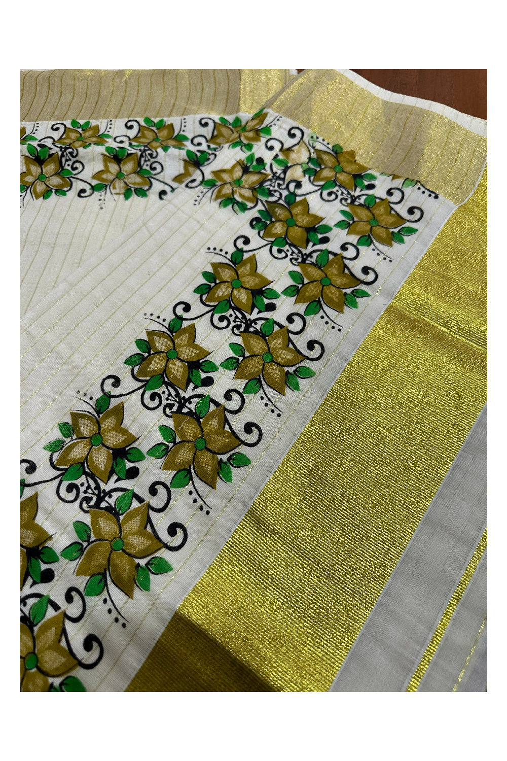 Kerala Pure Cotton Brown Floral Printed and Kasavu Lines Saree (Onam Saree 2023)