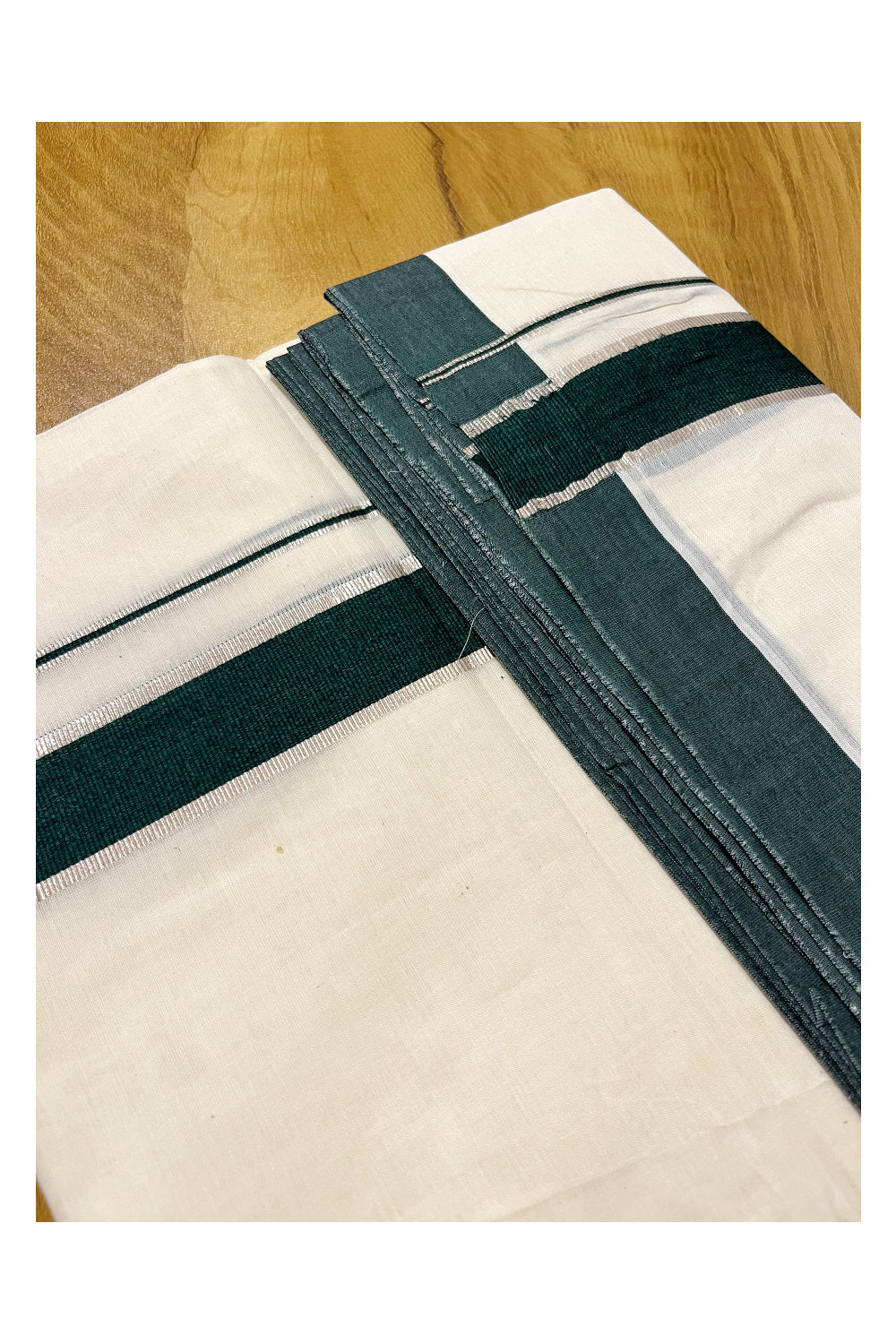 Pure Cotton Off White Double Mundu with Silver Kasavu and Green Border (South Indian Kerala Dhoti)