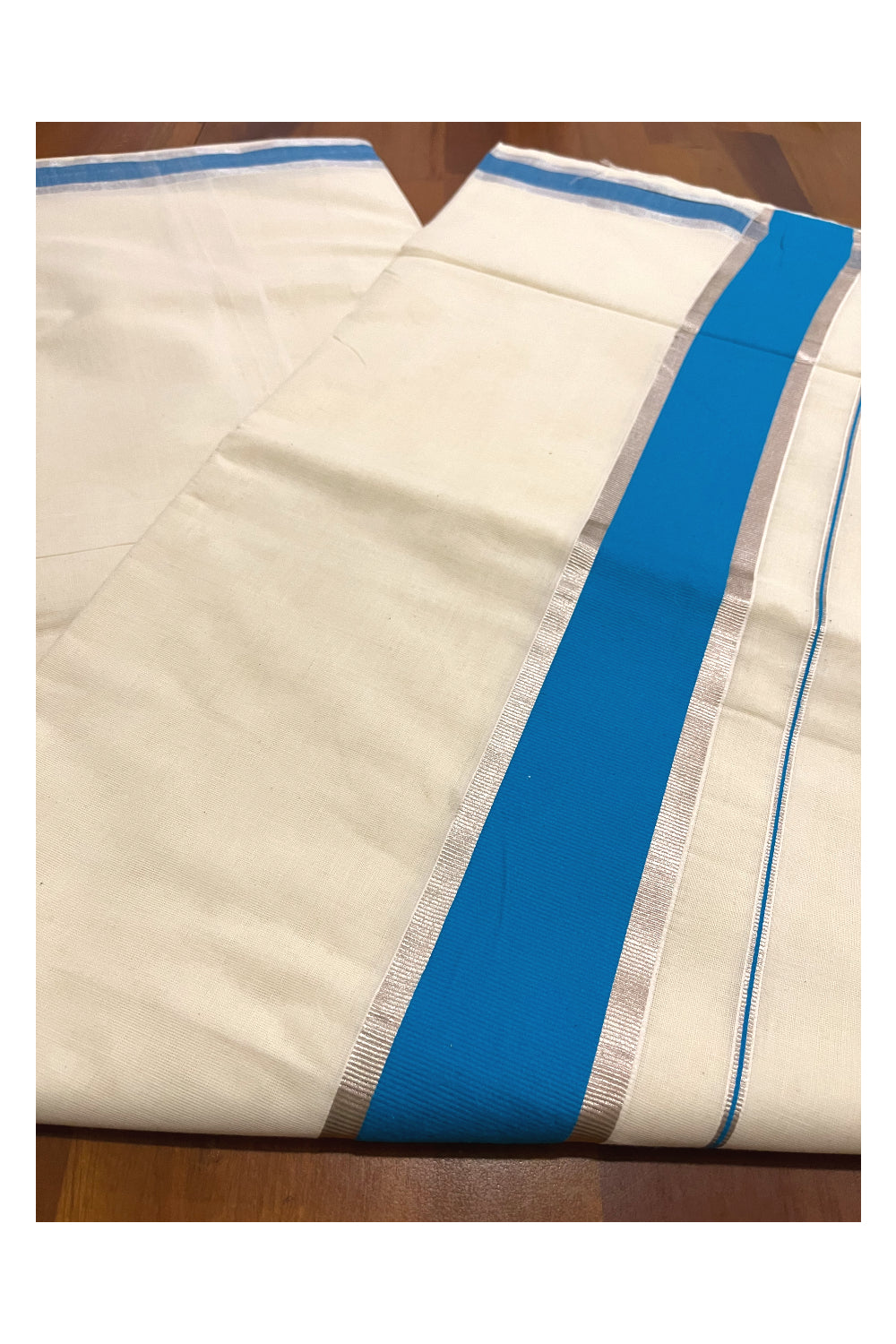 Pure Cotton Kerala Saree with Blue and Silver Kasavu Border