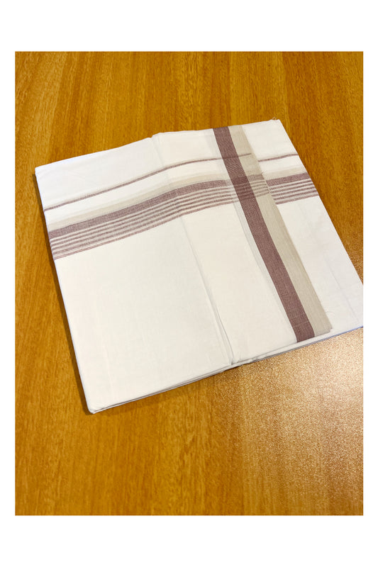 Pure White Cotton Double Mundu with Cream And Maroon Lines Border (South Indian Dhoti)