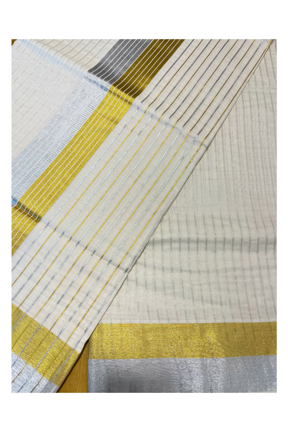 Kerala Cotton Kasavu Saree with Silver Lines Design on Body