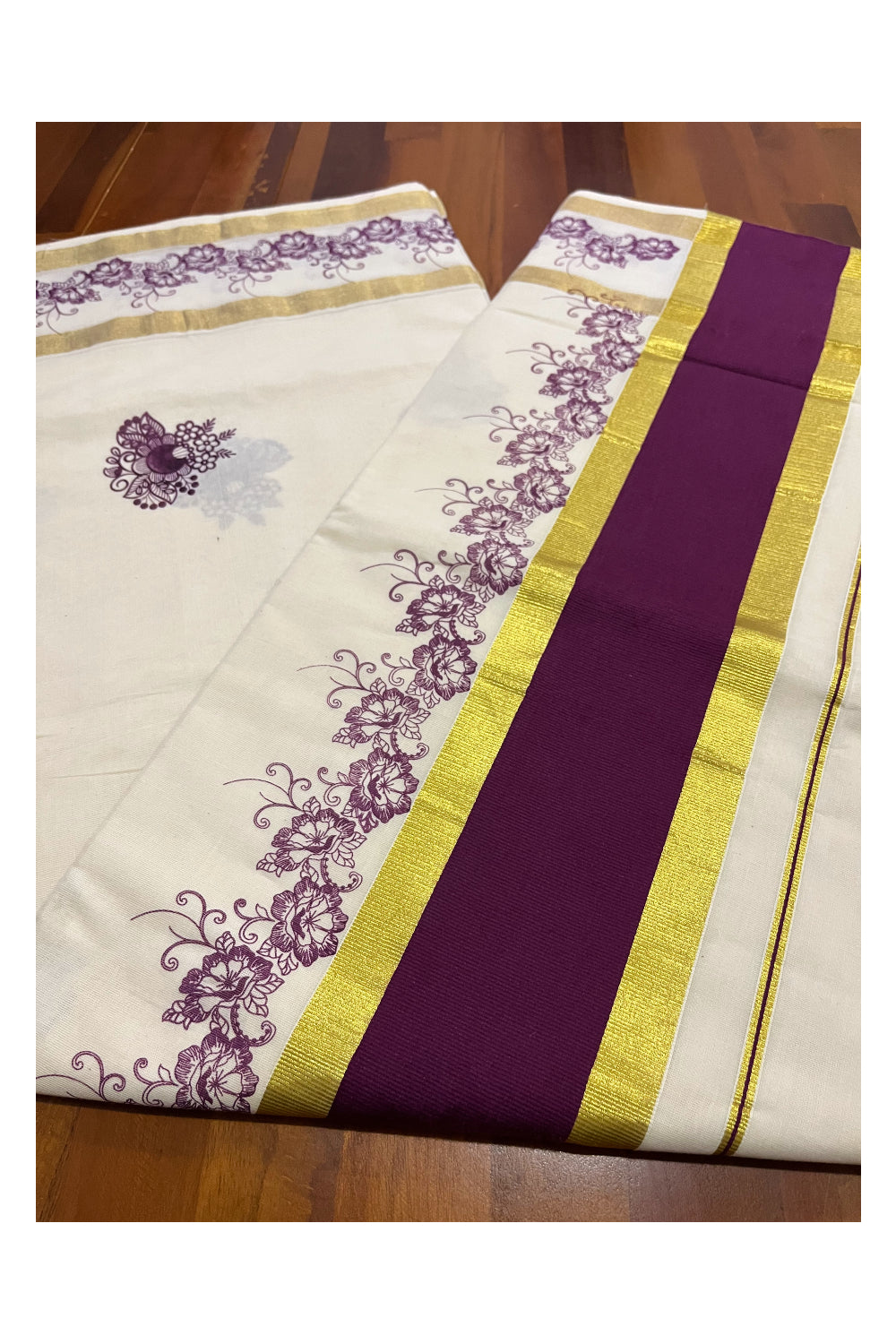 Pure Cotton Kerala Saree with Purple Floral Block Printed Kasavu Border (Onam Saree 2023)