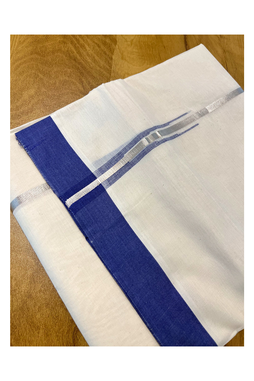 Pure Cotton Off White Double Mundu with Silver Kasavu and Navy Blue Chutti Border (South Indian Kerala Dhoti)