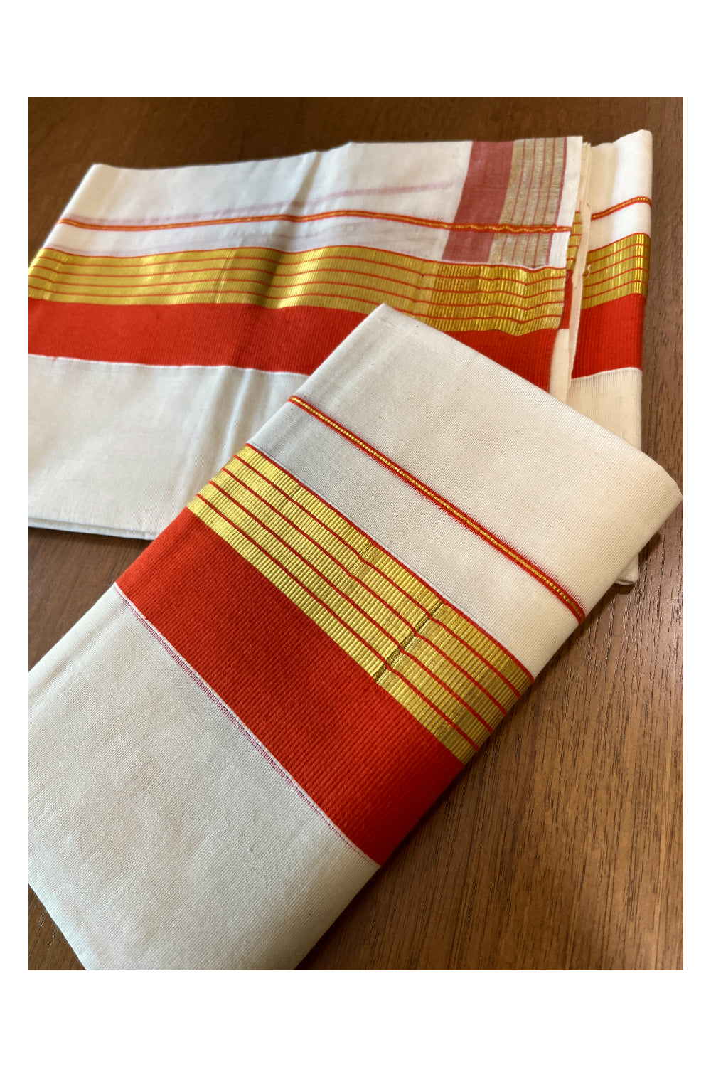 Kerala Cotton Set Mundu (Mundum Neriyathum) with Orange and Kasavu Border