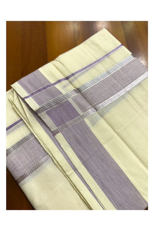 Pure Cotton Off White  Double Mundu with Silver Kasavu Lines And Lavender Kara (South Indian Kerala Dhoti)