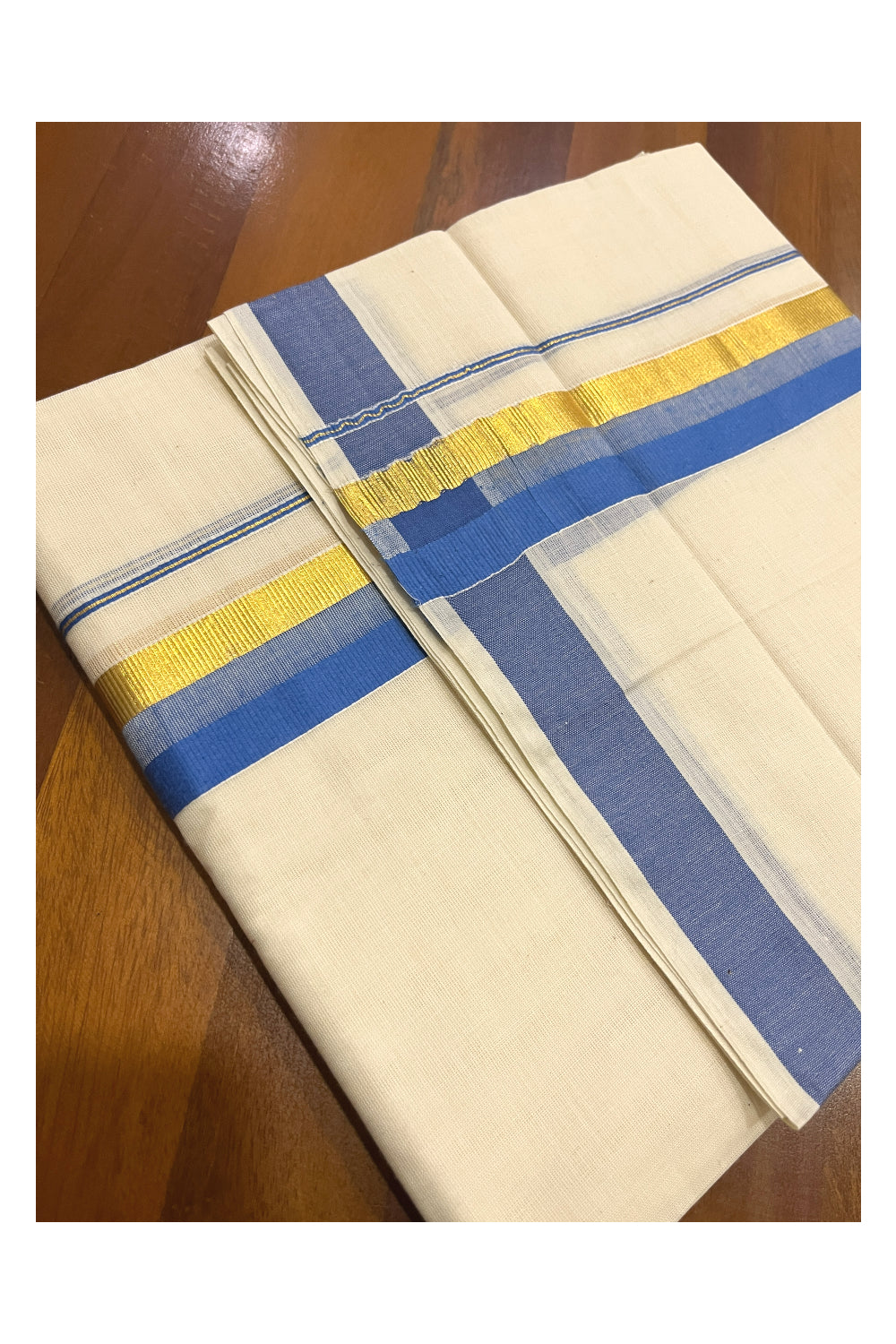 Pure Cotton Kerala Double Mundu with Blue and Kasavu Kara (South Indian Kerala Dhoti)