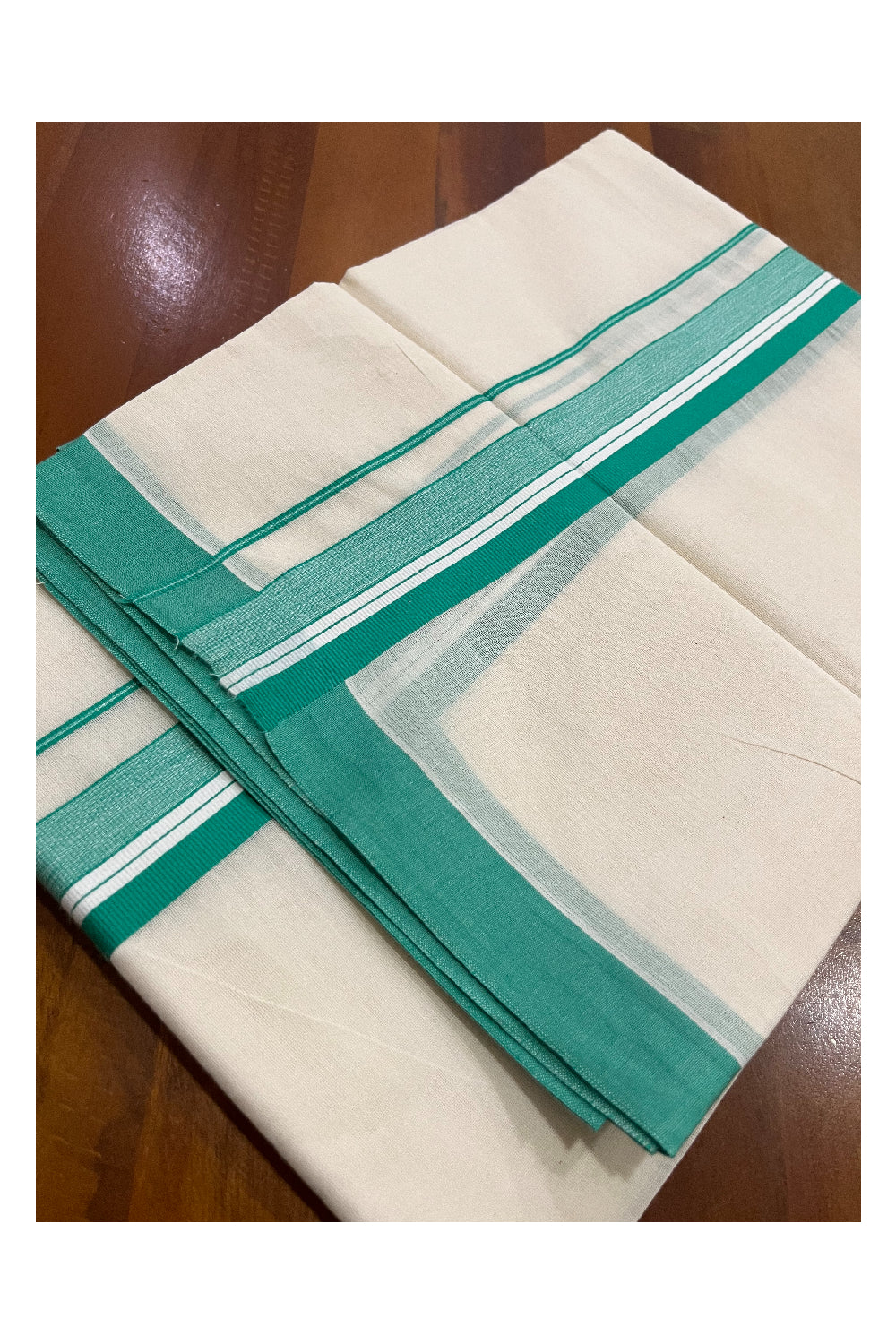 Pure Cotton Kerala Double Mundu with Turquoise Kara (South Indian Kerala Dhoti)