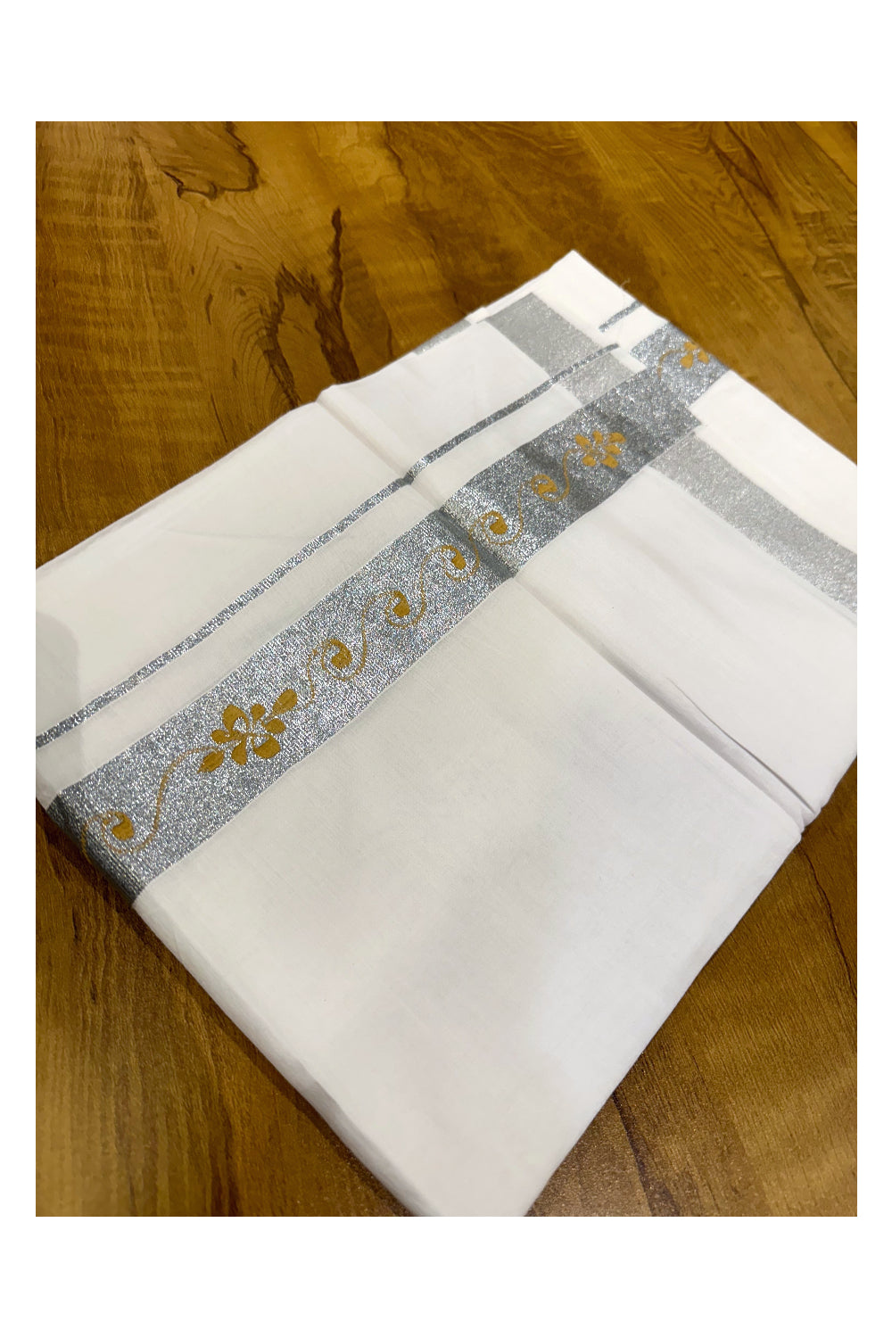 Pure White Cotton Double Mundu with Yellow Prints on Silver Kasavu Border (South Indian Kerala Dhoti)