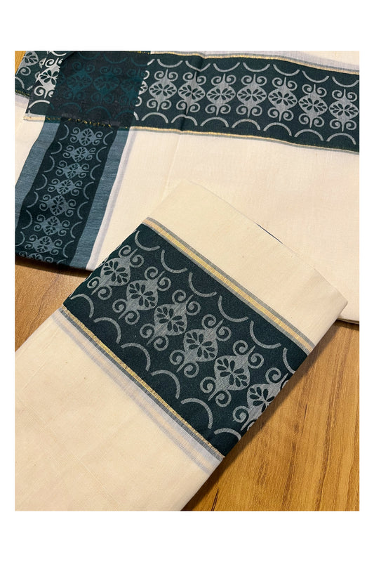 Kerala Cotton Single Set Mundu (Mundum Neriyathum) with Green Block print Border 2.80Mtrs