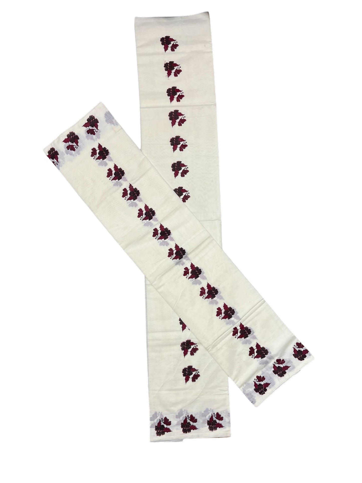 Pure Cotton Kerala Set Mundu (Mundum Neriyathum) with Maroon Block Printed Border