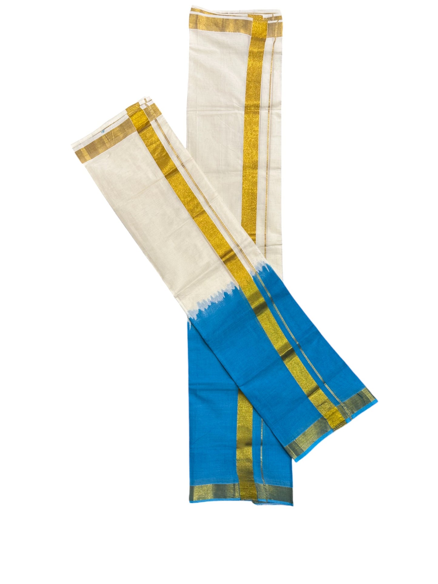 Southloom Tie & Dye - Half & Half  Multi Colour Blue Design Set Mundu (Mundum Neriyathum) in 2.80 m Neriyathu (Extra Length)