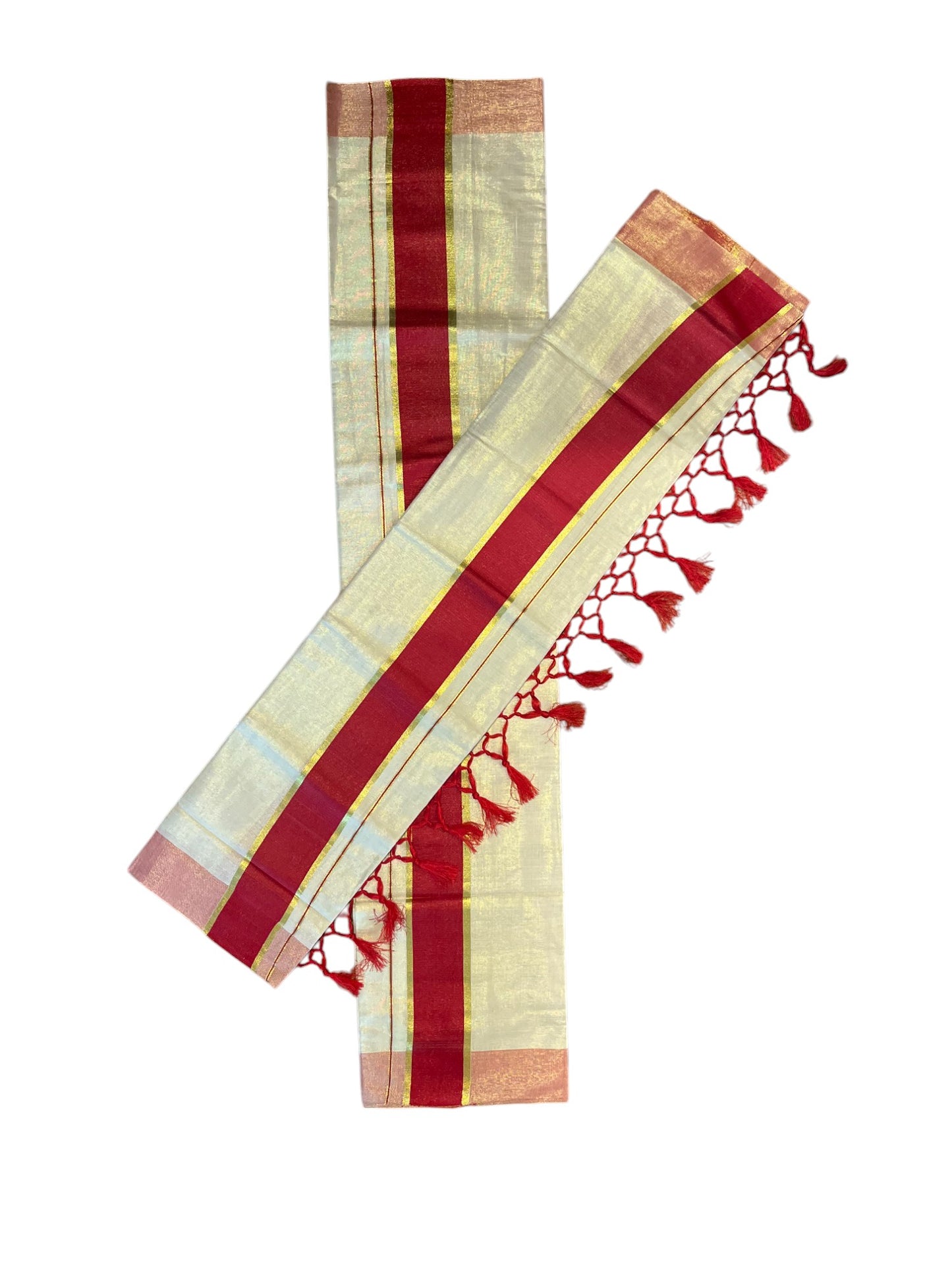 Kerala Tissue Kasavu Set Mundu (Mundum Neriyathum) with Red Border Tassels on Pallu