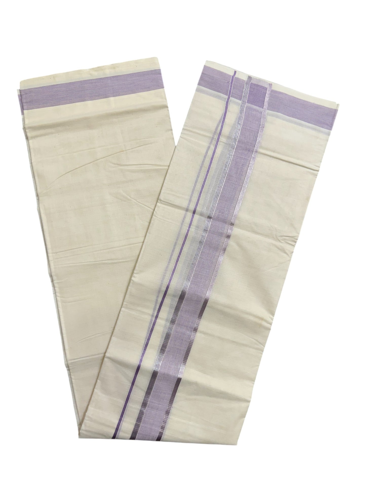 Pure Cotton Off White  Double Mundu with Silver Kasavu Lines And Lavender Kara (South Indian Kerala Dhoti)