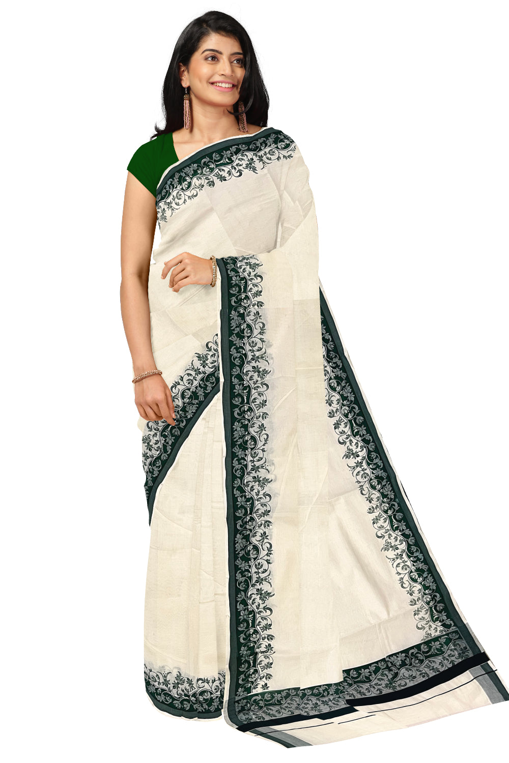 Kerala Cotton Saree with Dark Green Floral Block Printed Border