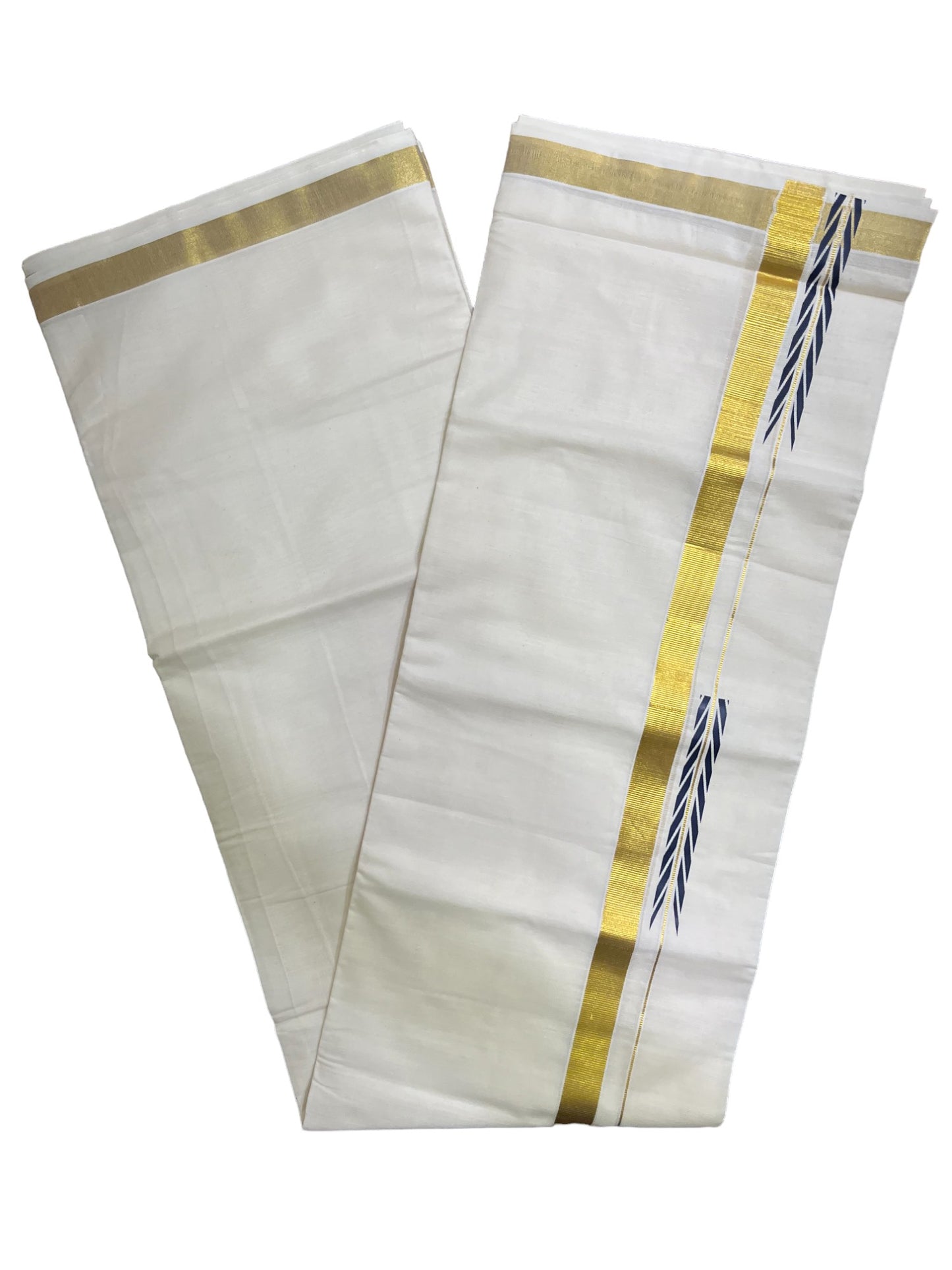 Kerala Pure Cotton Double Mundu with Blue Chutti Printed Designs on Kasavu Border (South Indian Kerala Dhoti)