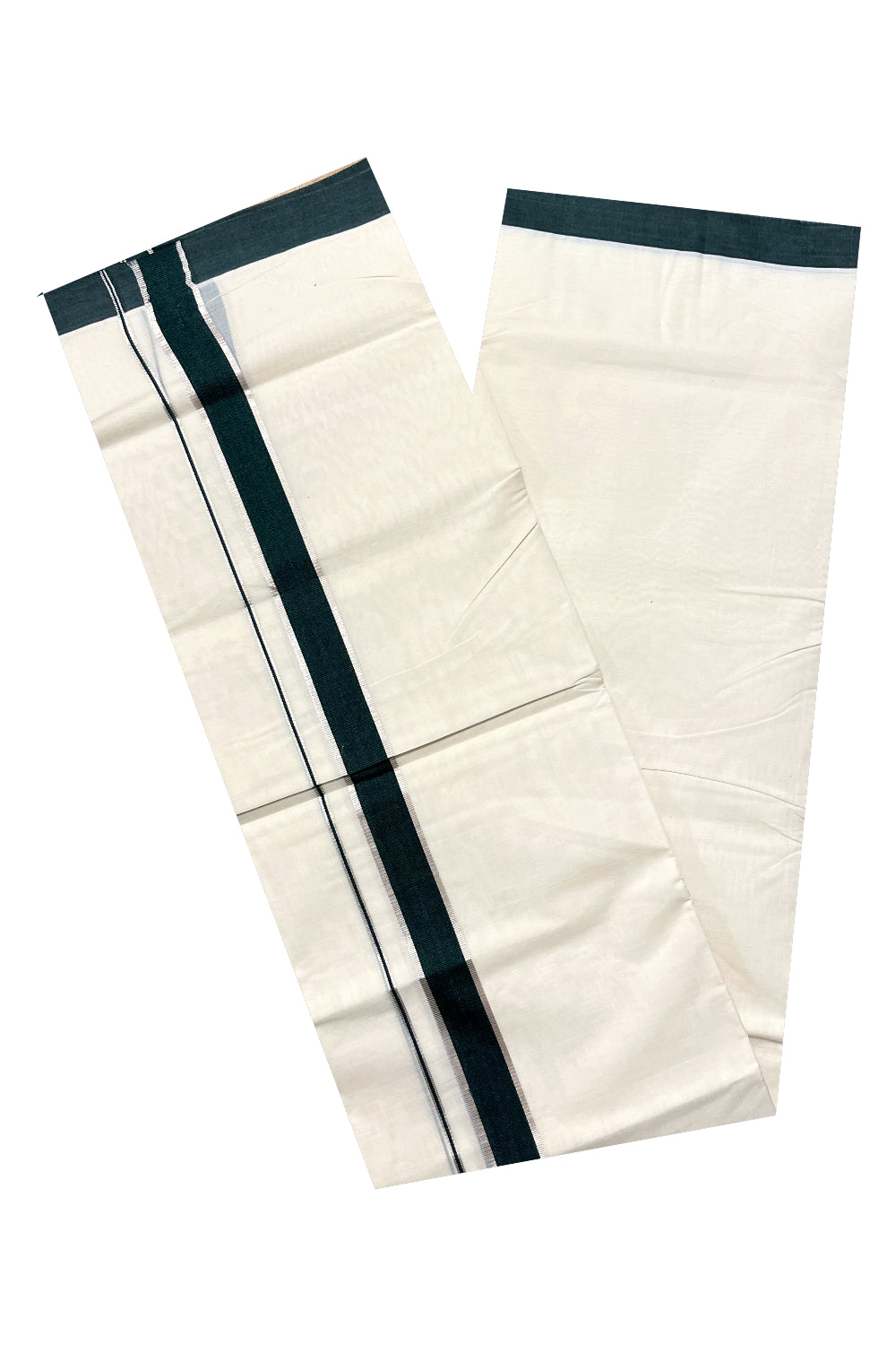 Pure Cotton Off White Double Mundu with Silver Kasavu and Green Border (South Indian Kerala Dhoti)