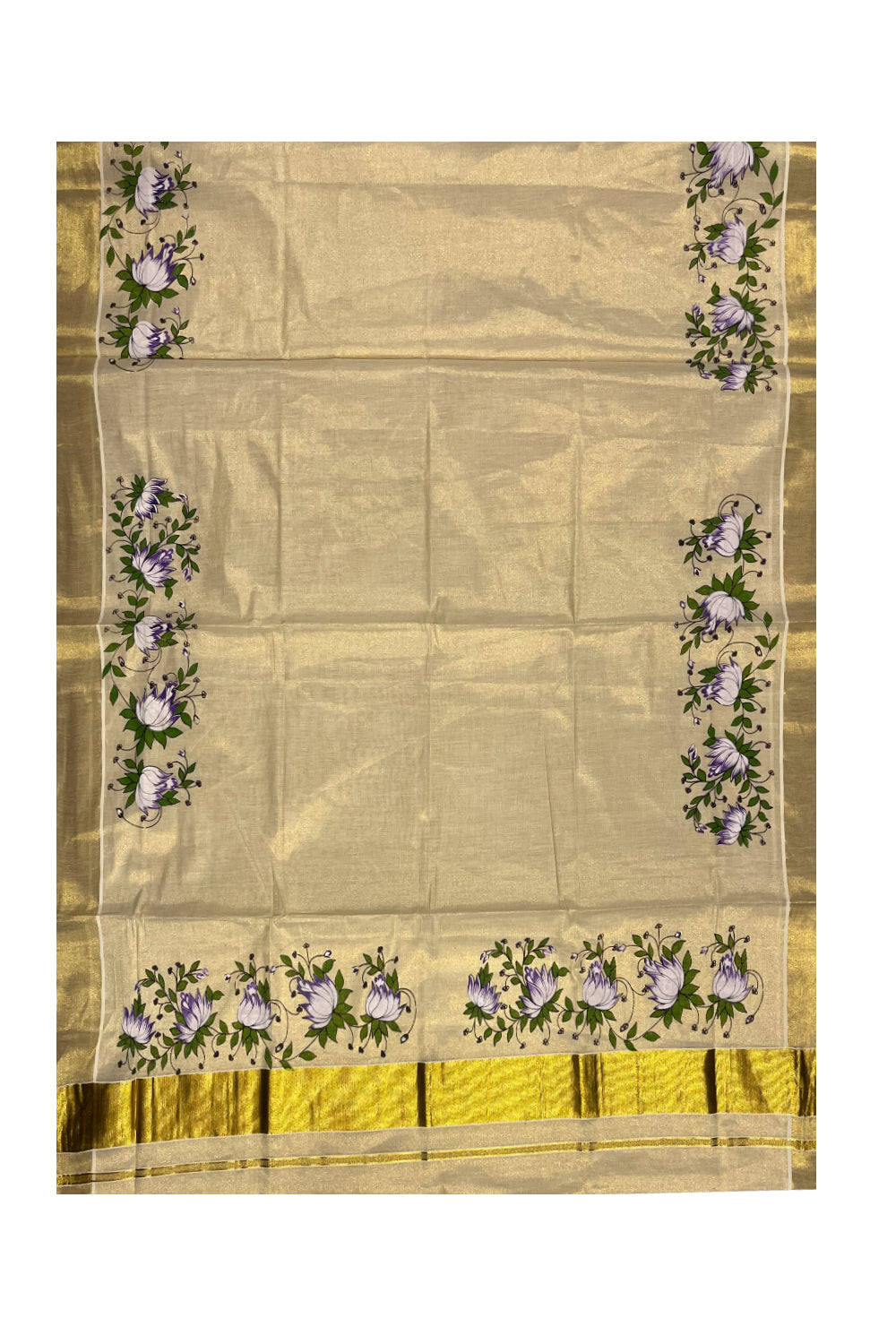 Kerala Tissue Kasavu Saree with Violet Floral Block Printed Designs (Onam 2024 Collection)