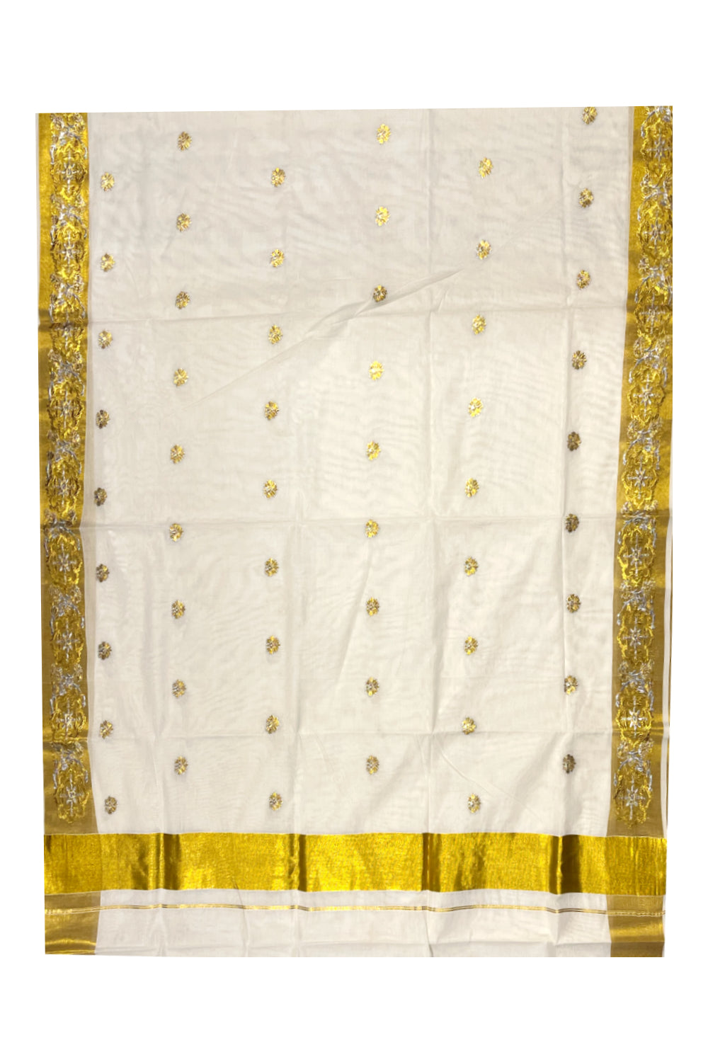 Kerala Cotton Kasavu Saree With Silver and Golden Woven Works