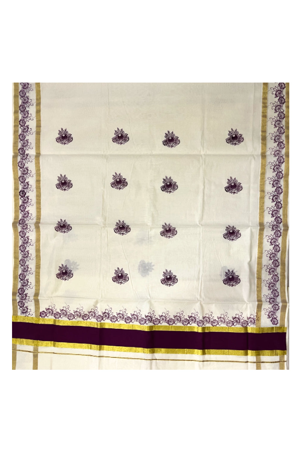 Pure Cotton Kerala Saree with Purple Floral Block Printed Kasavu Border (Onam Saree 2023)