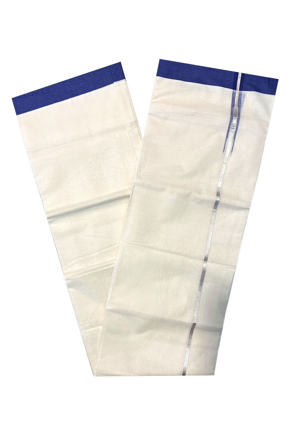 Pure Cotton Off White Double Mundu with Silver Kasavu and Navy Blue Chutti Border (South Indian Kerala Dhoti)