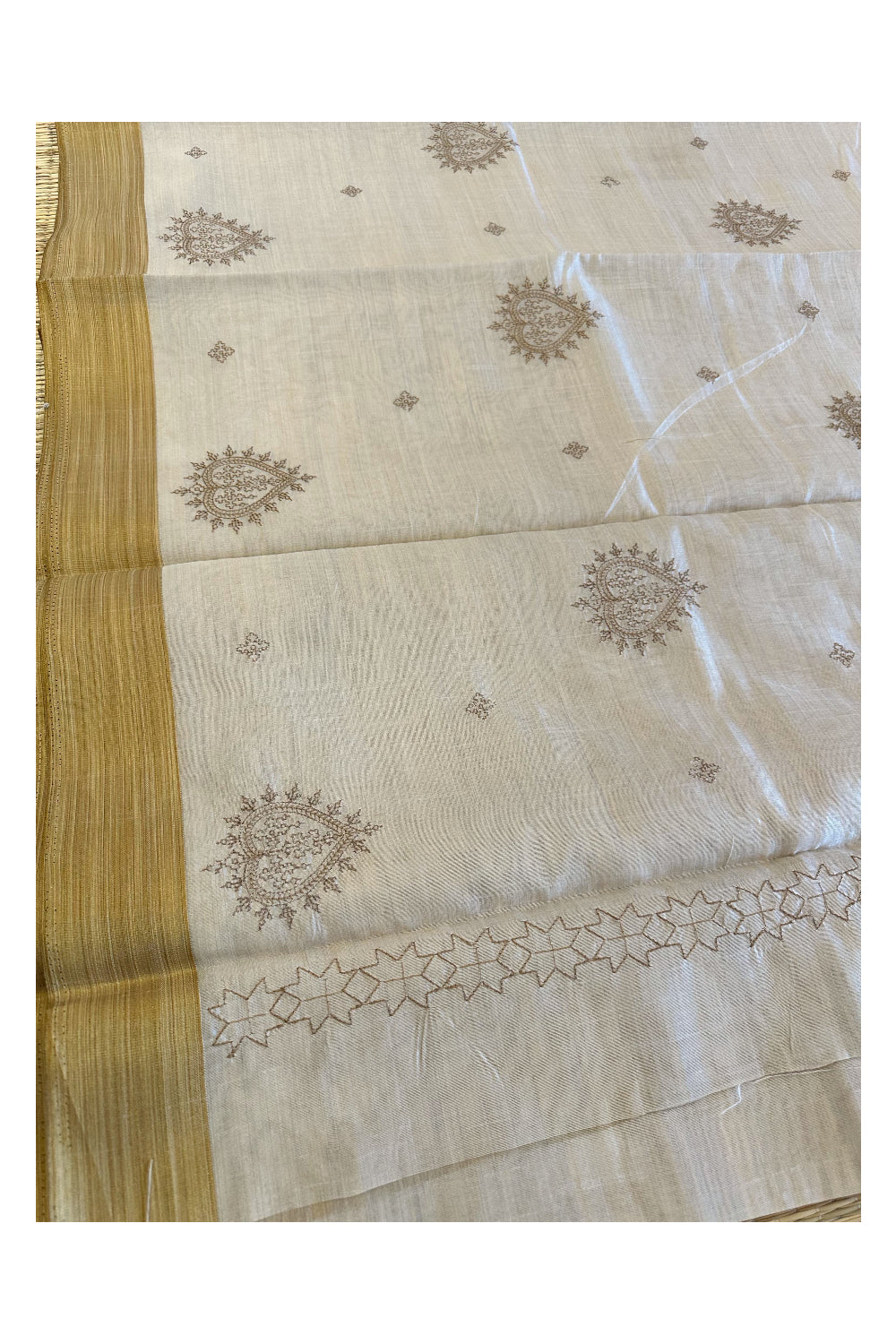 Southloom Chanderi White Thread Work Saree with Brown Border