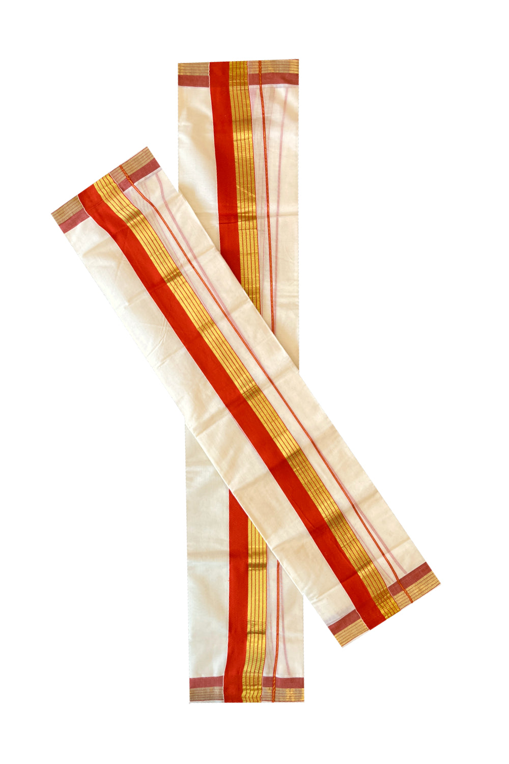 Kerala Cotton Set Mundu (Mundum Neriyathum) with Orange and Kasavu Border