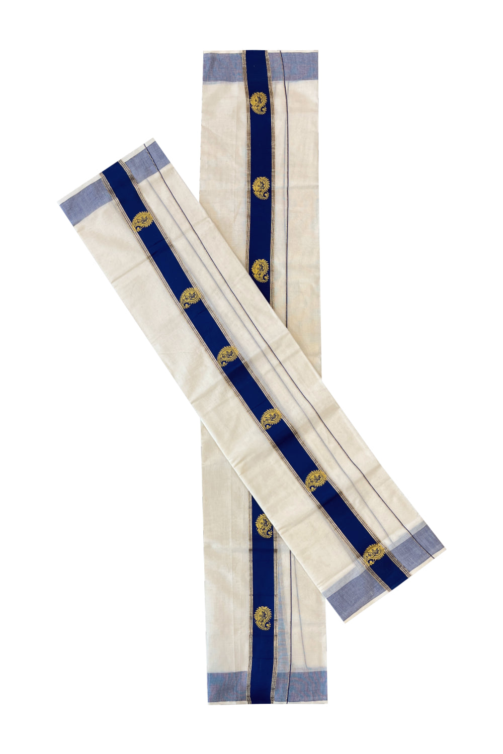 Cotton Single Set Mundu (Mundu Neriyathum) with Golden Block Prints on Blue Border