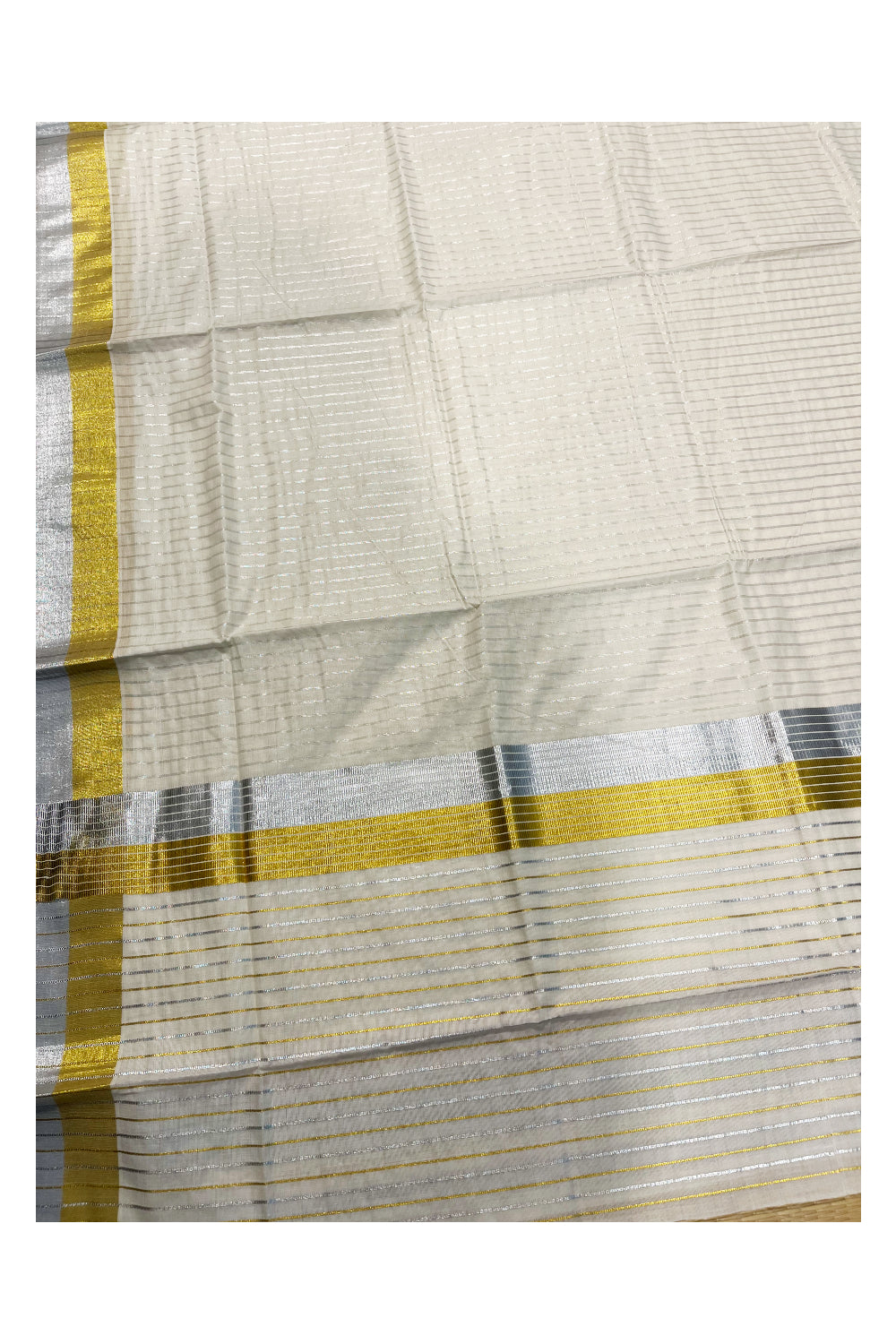 Kerala Cotton Kasavu Saree with Silver Lines Design on Body