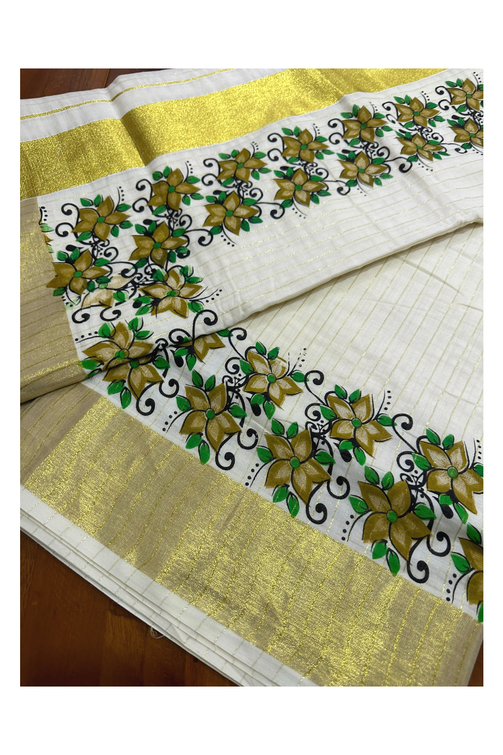 Kerala Pure Cotton Brown Floral Printed and Kasavu Lines Saree (Onam Saree 2023)