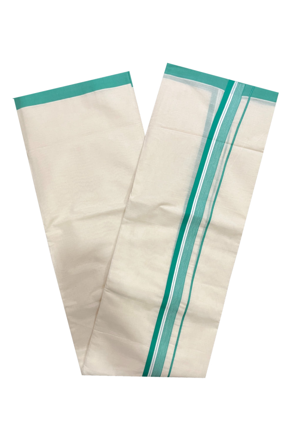 Pure Cotton Kerala Double Mundu with Turquoise Kara (South Indian Kerala Dhoti)