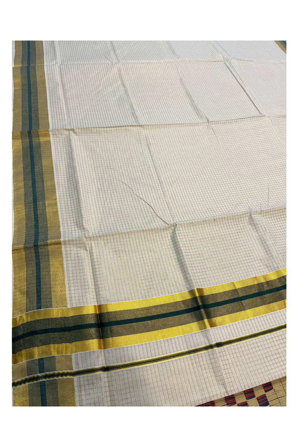 Kerala Cotton Kasavu Check Designs Saree with Dark Green Border