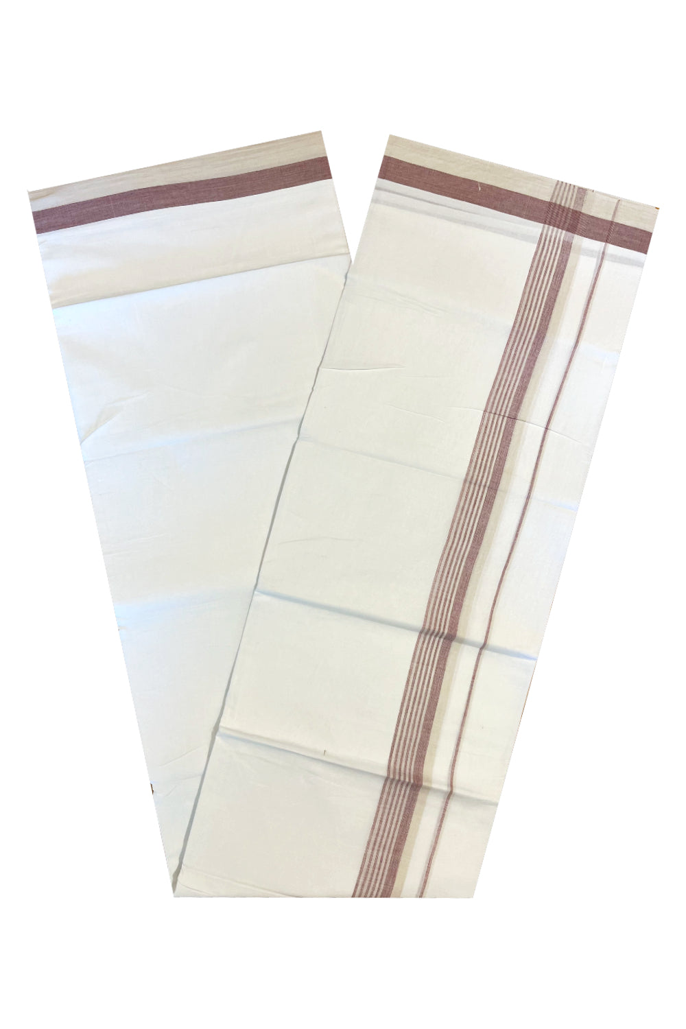 Pure White Cotton Double Mundu with Cream And Maroon Lines Border (South Indian Dhoti)