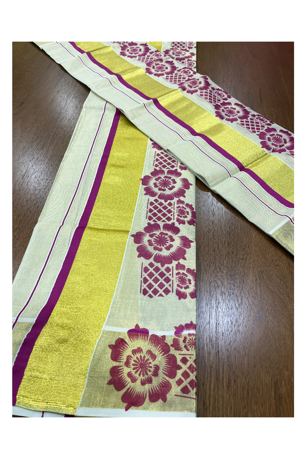 Kerala Tissue Kasavu Set Mundu (Mundum Neriyathum) with Magenta Floral Block Prints on Border 2.80 Mtrs