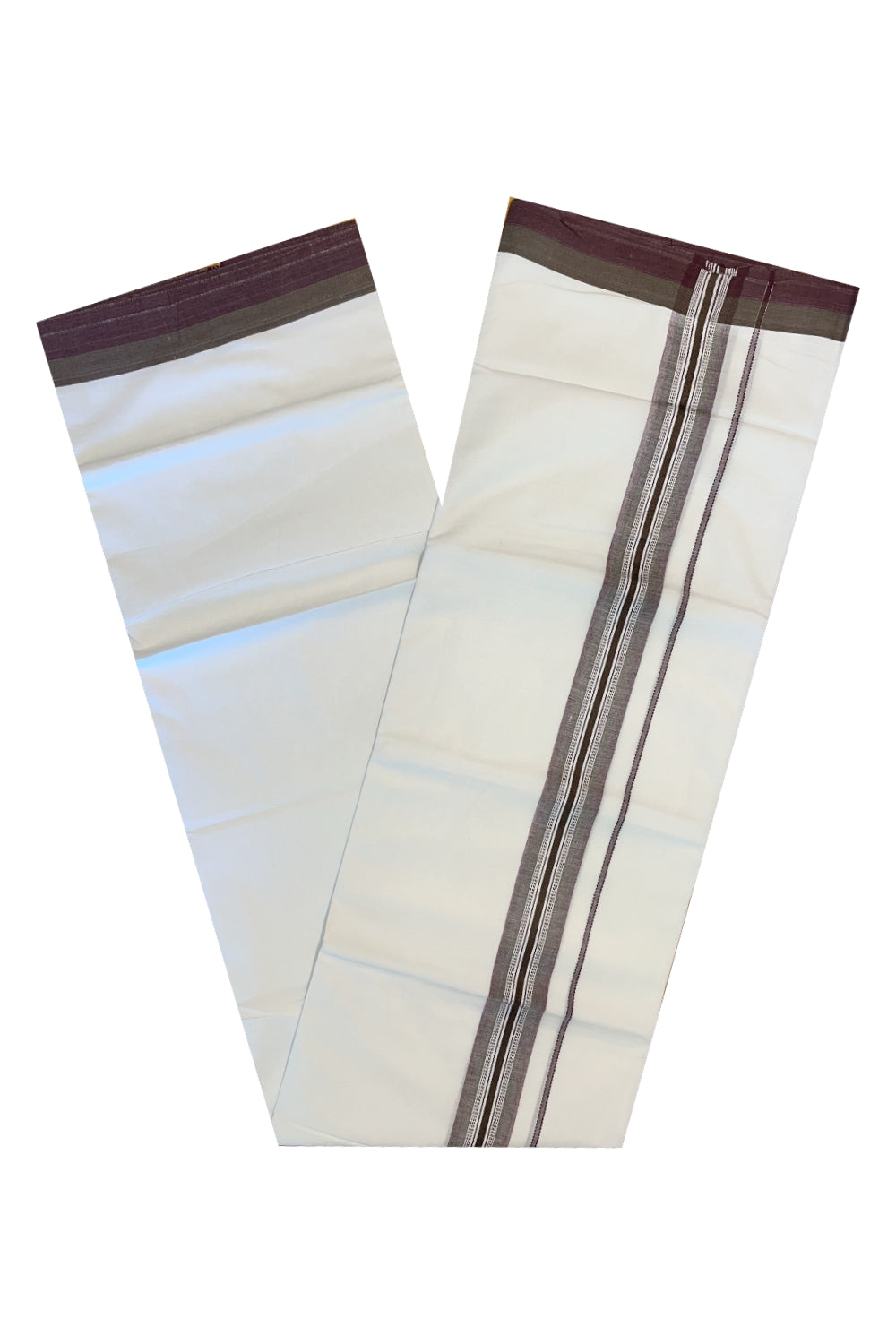 Pure White Cotton Double Mundu with Maroon And Green Border (South Indian Dhoti)