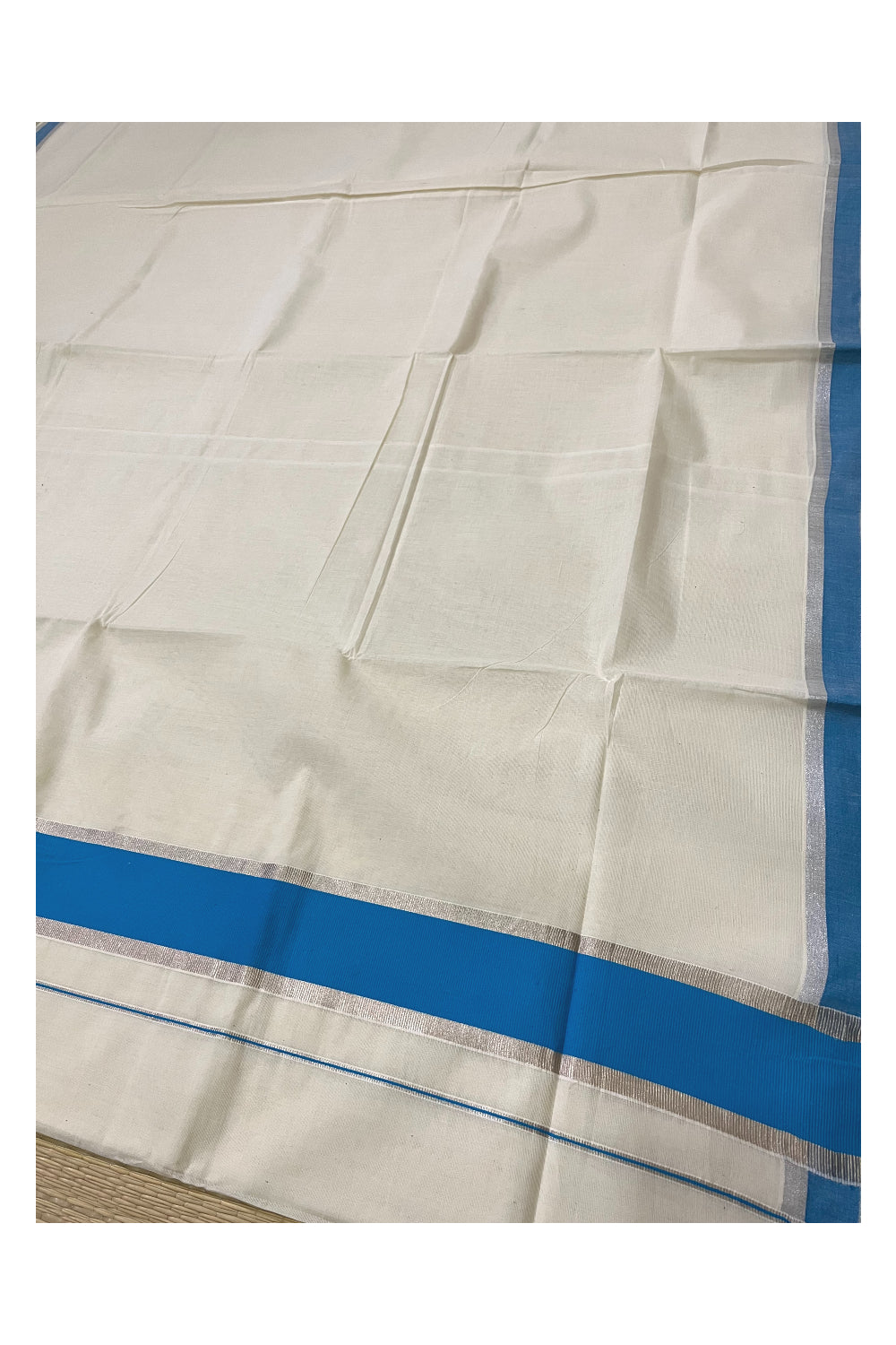 Pure Cotton Kerala Saree with Blue and Silver Kasavu Border