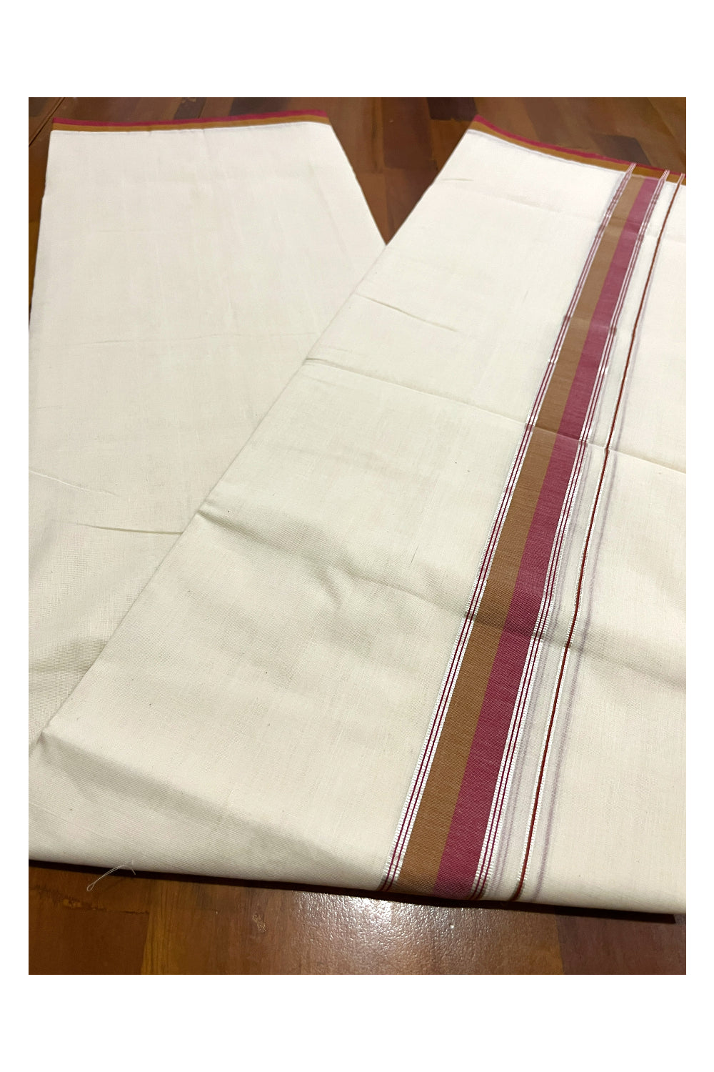 Southloom Premium Balaramapuram Unakkupaavu Handloom Mundu with Red Brown and Silver Kasavu Border (South Indian Kerala Dhoti)